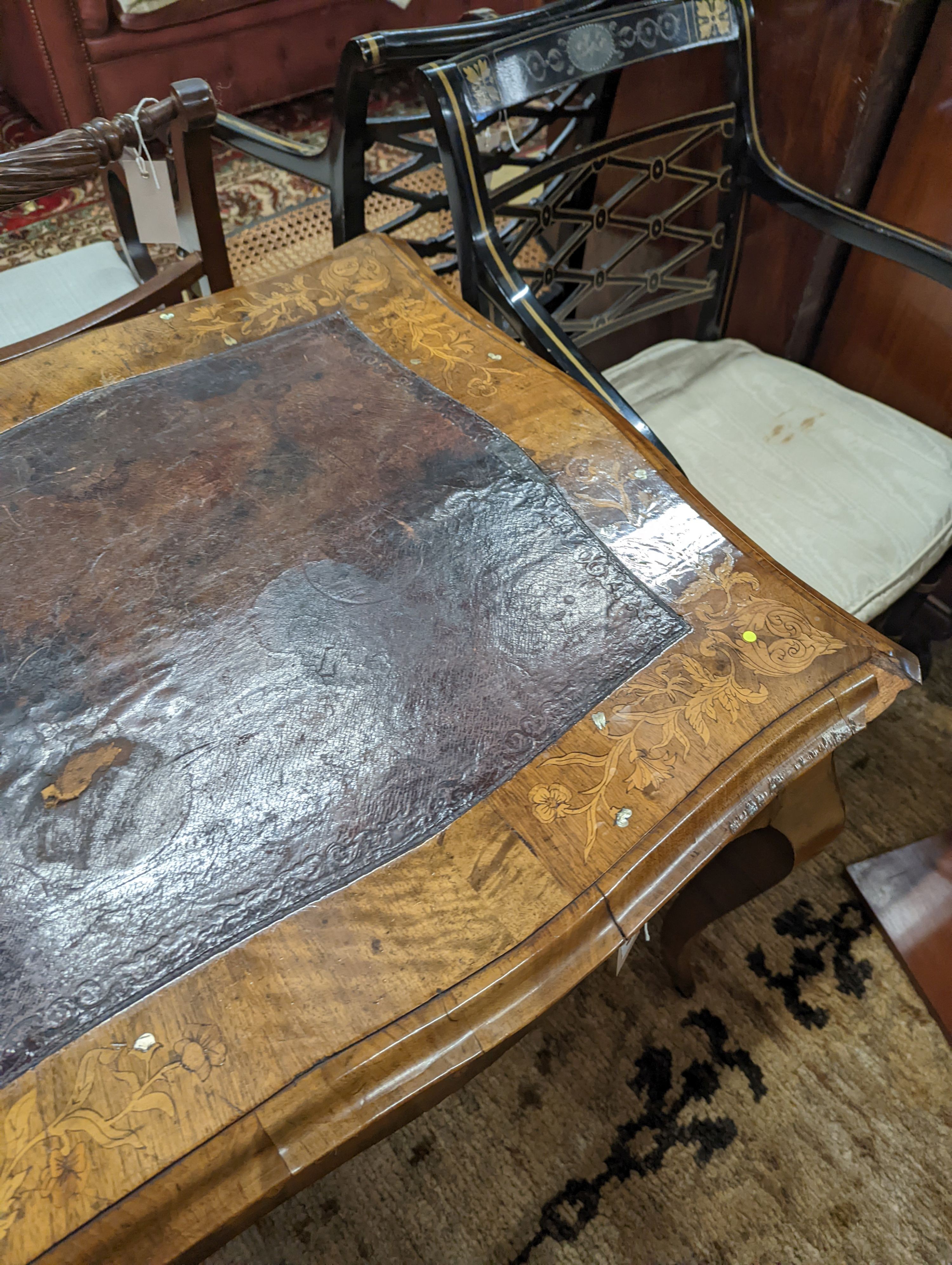 A 19th century mother of pearl and marquetry inlaid writing table, width 120cm, depth 65cm, height 73cm